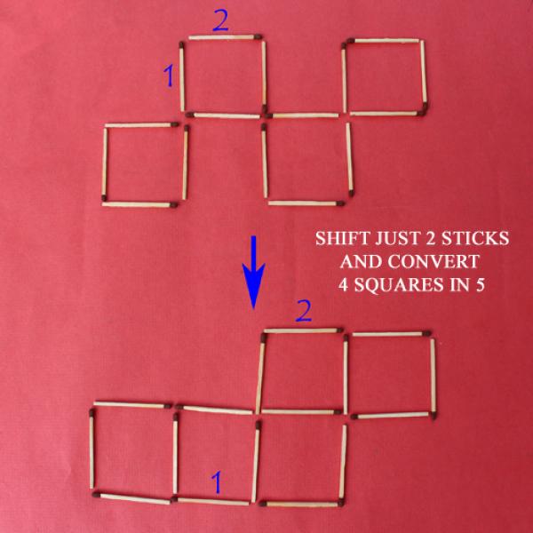 دو چوب کبریت را جابجا کنید تا ۴ مربع به ۵تا تبدیل شود.